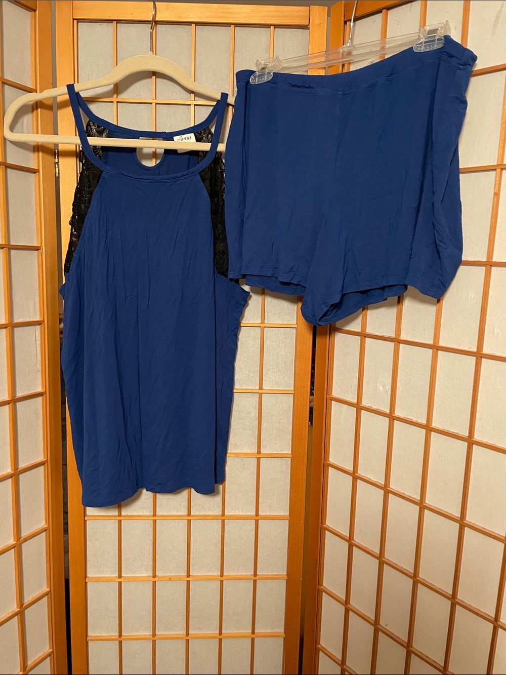 Soma Women's Size L Blue with Black Lace Trim Sleep Tank & Shorts Set